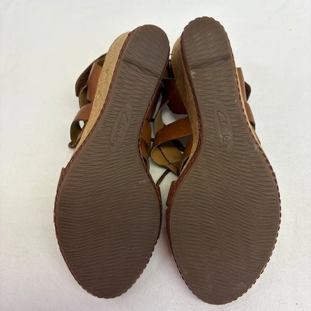 Clarks Collection Wedge Sandals Womens Size 8 Brown Leather Lace Up Cork Comfort